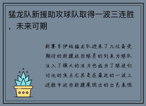 猛龙队新援助攻球队取得一波三连胜，未来可期